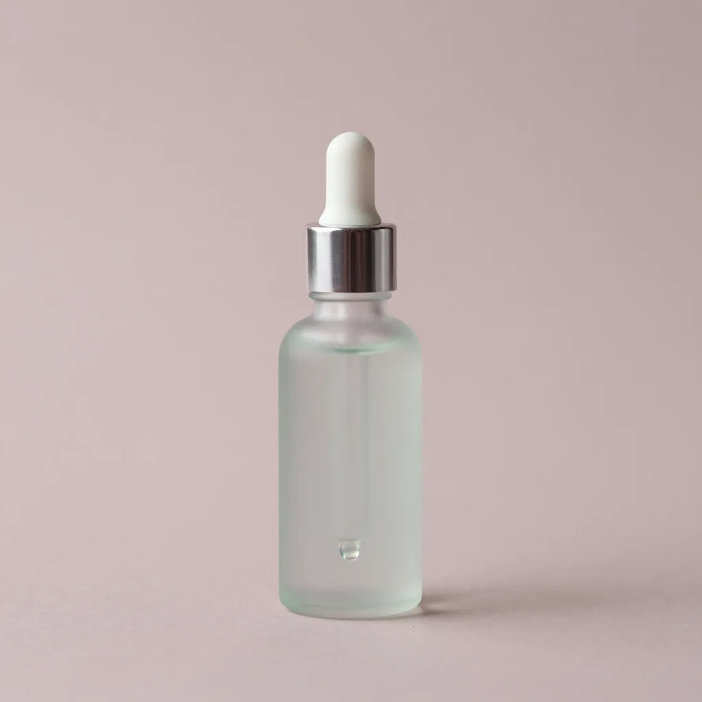 A glass dropper bottle of blueberry seed facial oil on a pale background