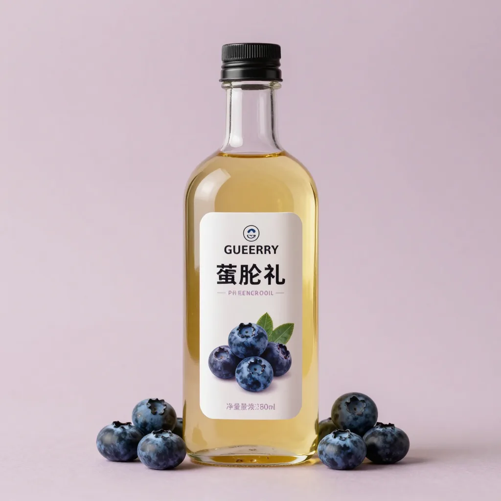 A large glass bottle of blueberry seed oil on a pale background