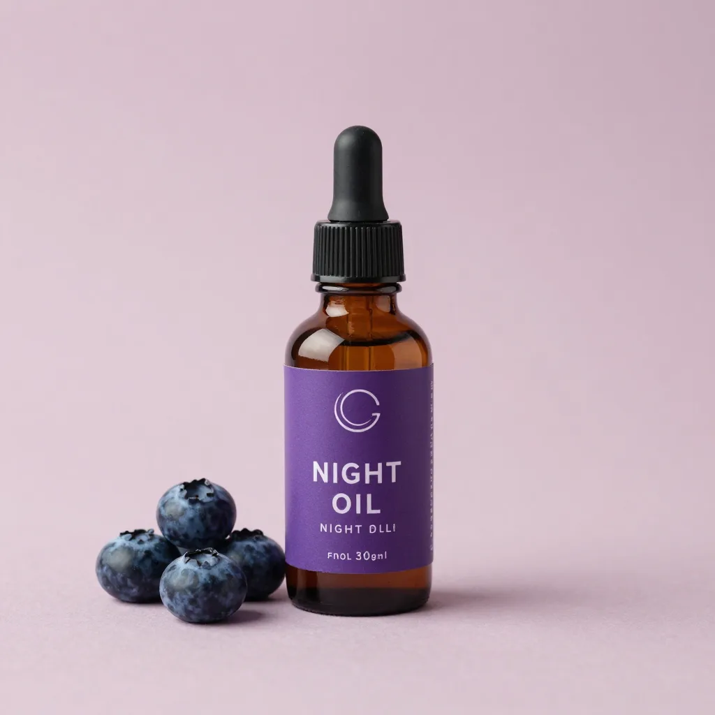 A dark glass bottle of night oil blend on a pale background