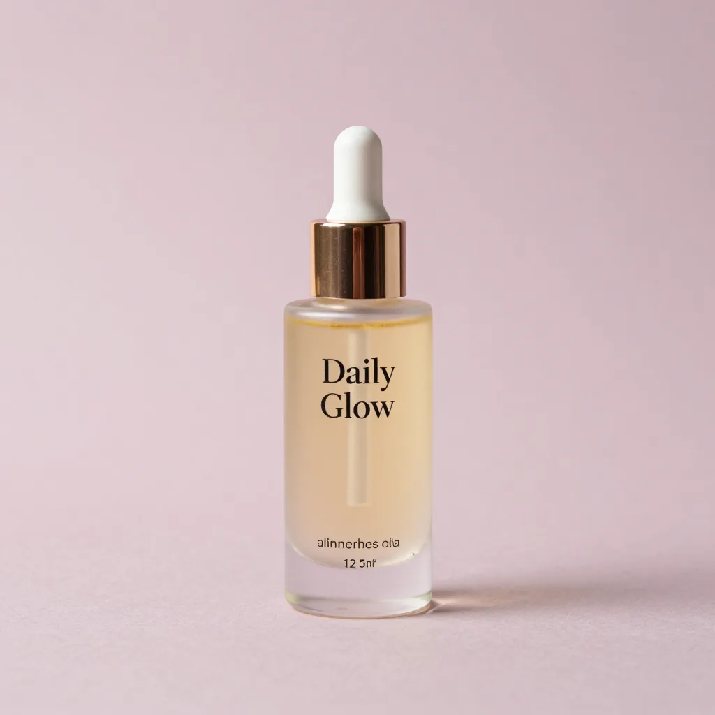 A clear bottle of daily glow oil on a pale background