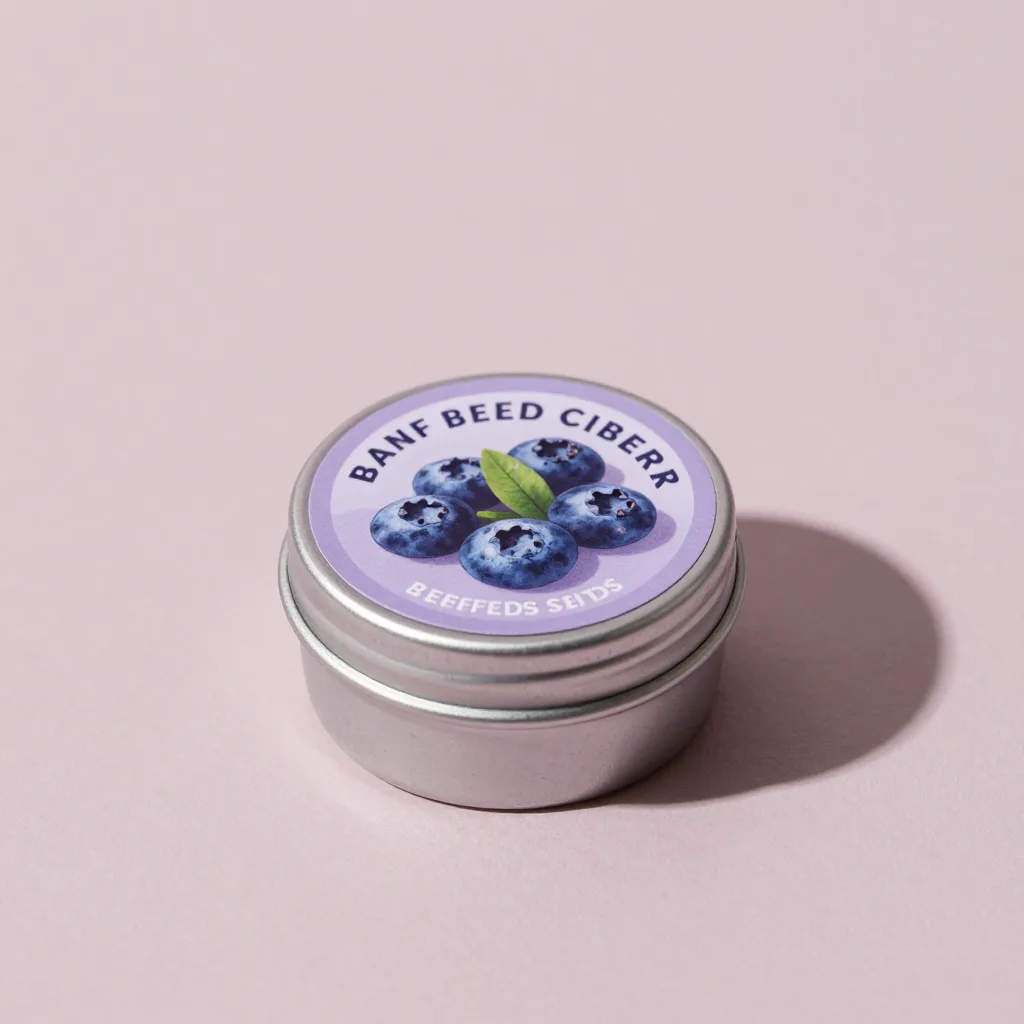 A small tin of blueberry seed lip balm on a pale background
