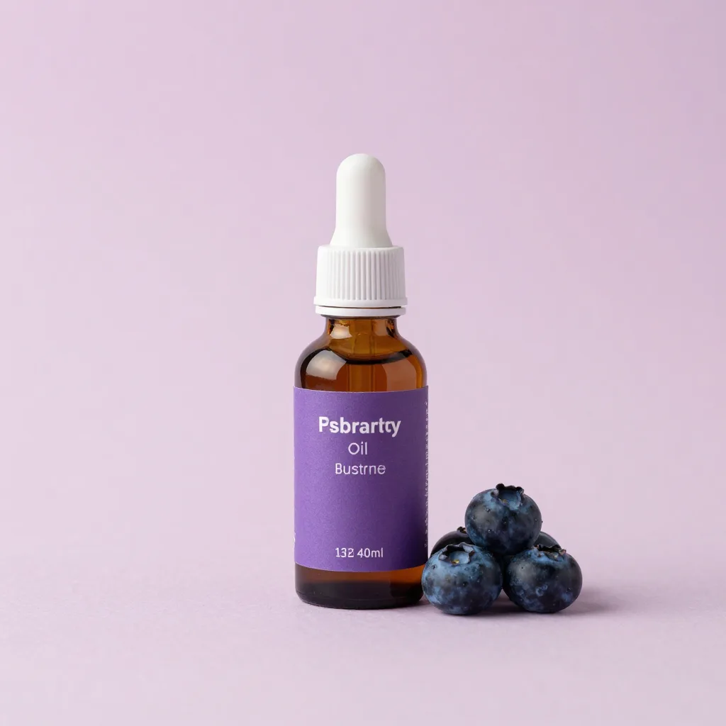 A small travel bottle of blueberry seed oil on a pale background