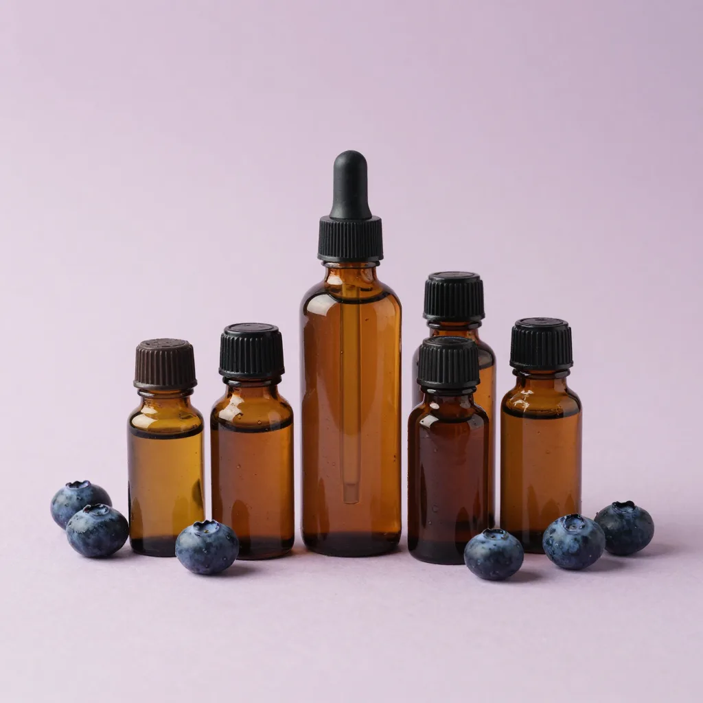 A discovery set of small blueberry oil bottles on a pale background