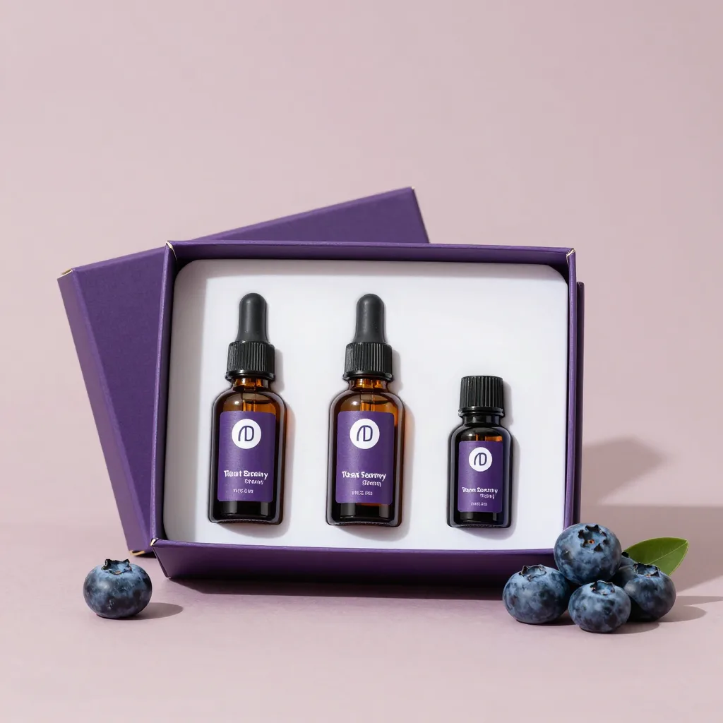 A blueberry oil gift set in a gift box on a pale background